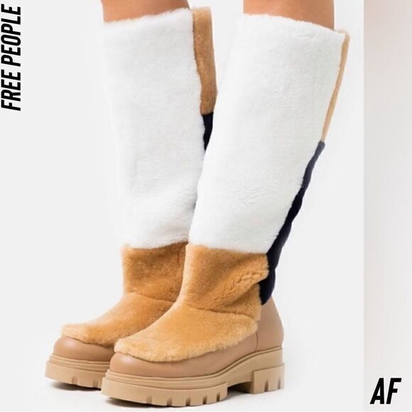FREE PEOPLE HAPPY THOUGHTS FUR BOOTS IN CAMEL NAVY AND WHITE 37.5 EU - Picture 11 of 11